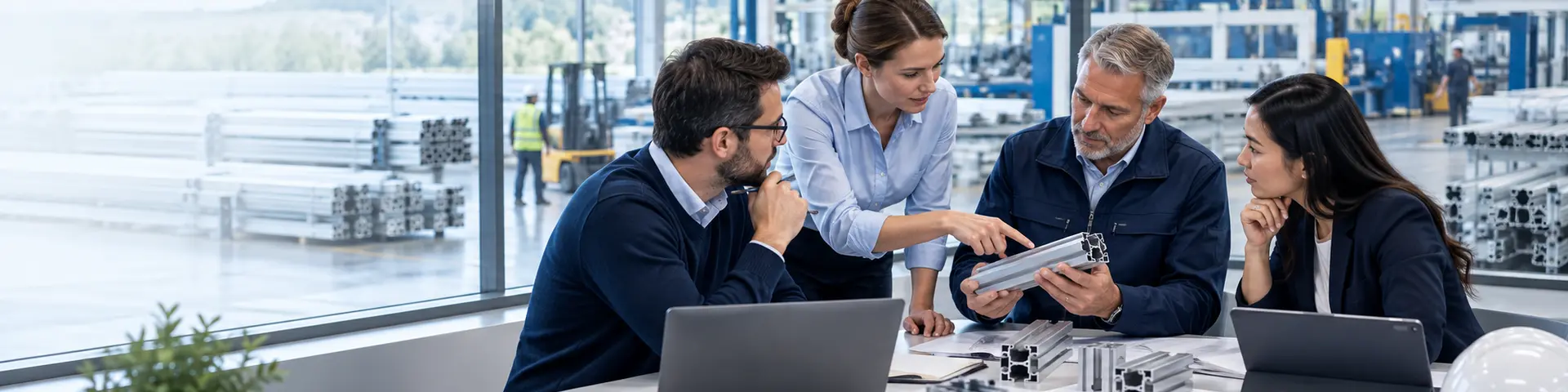Aluminium industry professionals reviewing an extrusion profile together